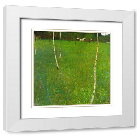 Farmhouse With Birch Trees White Modern Wood Framed Art Print with Double Matting by Klimt, Gustav