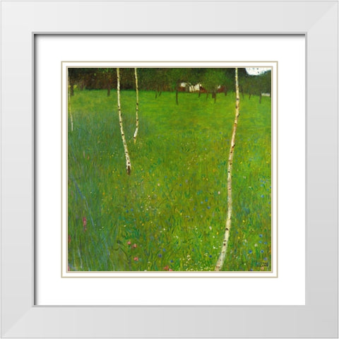 Farmhouse With Birch Trees White Modern Wood Framed Art Print with Double Matting by Klimt, Gustav