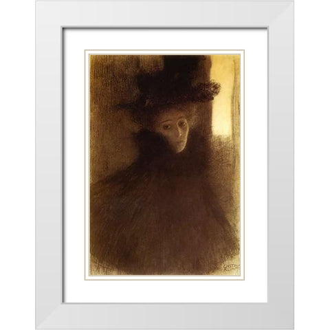 Lady With Cape And Hat 1898 White Modern Wood Framed Art Print with Double Matting by Klimt, Gustav