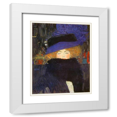 Lady With Hat And Featherboa 1909 White Modern Wood Framed Art Print with Double Matting by Klimt, Gustav