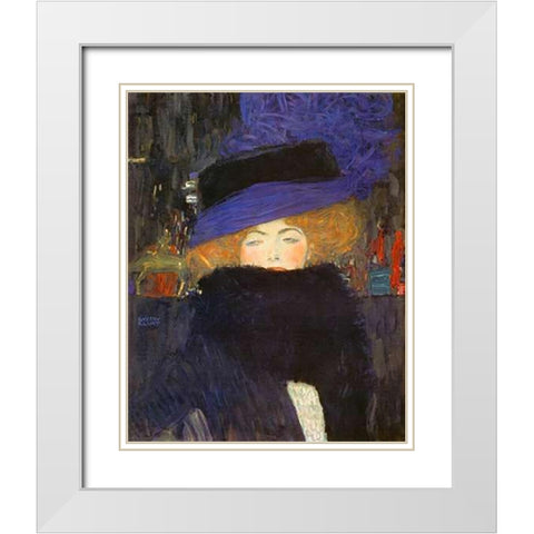 Lady With Hat And Featherboa 1909 White Modern Wood Framed Art Print with Double Matting by Klimt, Gustav