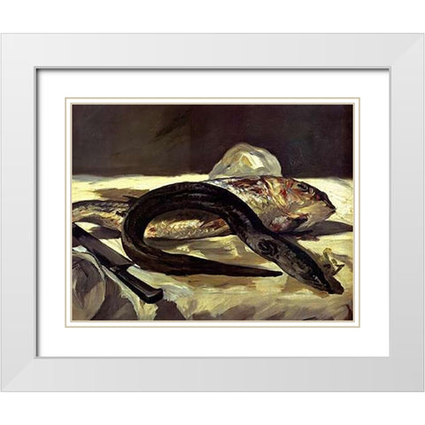 Eel and Red Mullet White Modern Wood Framed Art Print with Double Matting by Manet, Edouard