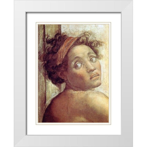 Nude Figure Next To The Scene Of Noahs Sacrifice Detail 1509 White Modern Wood Framed Art Print with Double Matting by Michelangelo