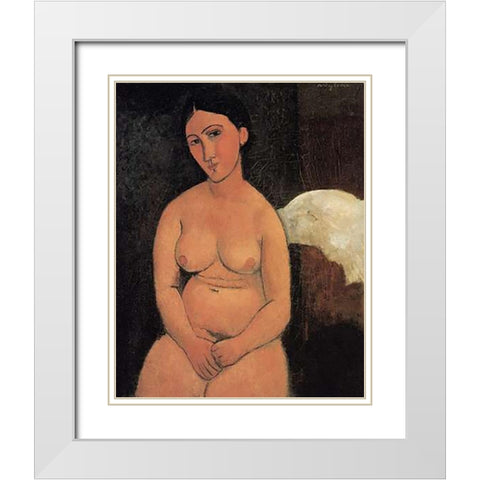 A Seated Nude White Modern Wood Framed Art Print with Double Matting by Modigliani, Amedeo