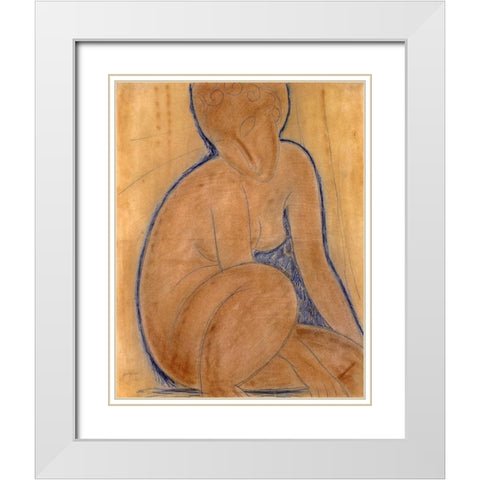 Crouched Nude White Modern Wood Framed Art Print with Double Matting by Modigliani, Amedeo