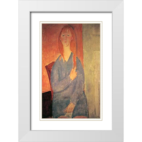 Girl In Blue Dress White Modern Wood Framed Art Print with Double Matting by Modigliani, Amedeo