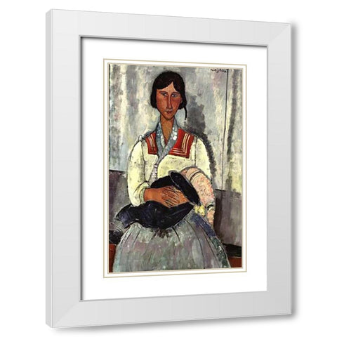 Gypsy Woman With Baby White Modern Wood Framed Art Print with Double Matting by Modigliani, Amedeo