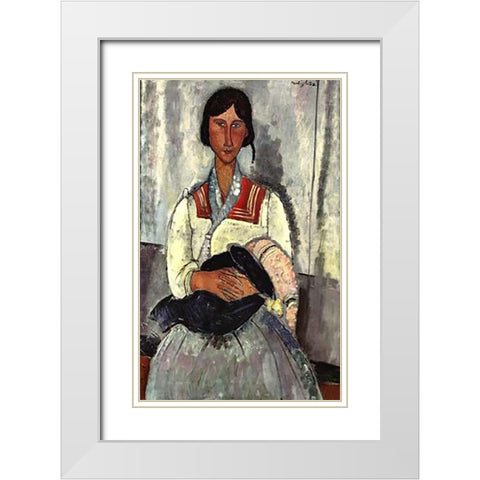 Gypsy Woman With Baby White Modern Wood Framed Art Print with Double Matting by Modigliani, Amedeo