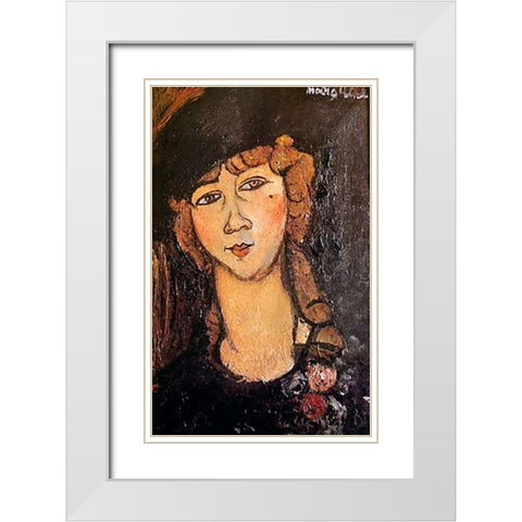 Woman In Hat Lolotte White Modern Wood Framed Art Print with Double Matting by Modigliani, Amedeo