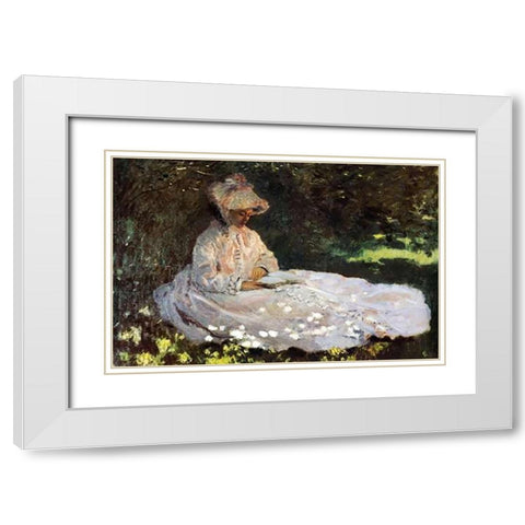 Camille Reading 1872 White Modern Wood Framed Art Print with Double Matting by Monet, Claude