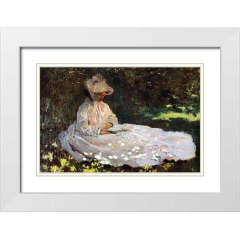 Camille Reading 1872 White Modern Wood Framed Art Print with Double Matting by Monet, Claude