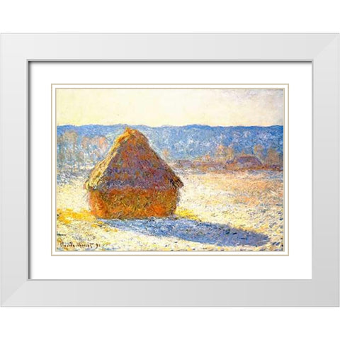 Haystack In Winter 1891 White Modern Wood Framed Art Print with Double Matting by Monet, Claude