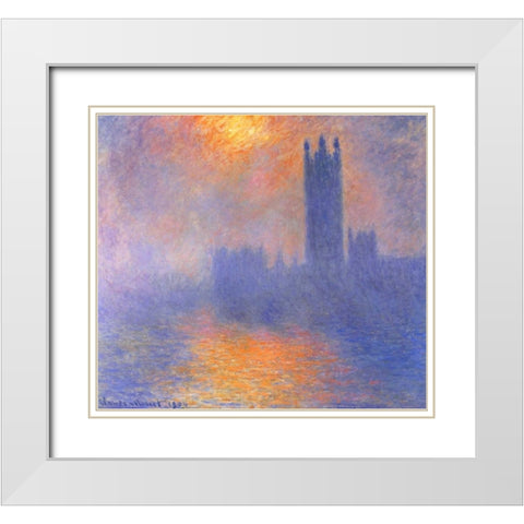 Houses Of Parliment Through The Fog White Modern Wood Framed Art Print with Double Matting by Monet, Claude