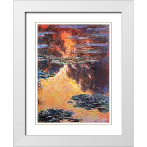 Nympheas Sunset Effect 1907 White Modern Wood Framed Art Print with Double Matting by Monet, Claude