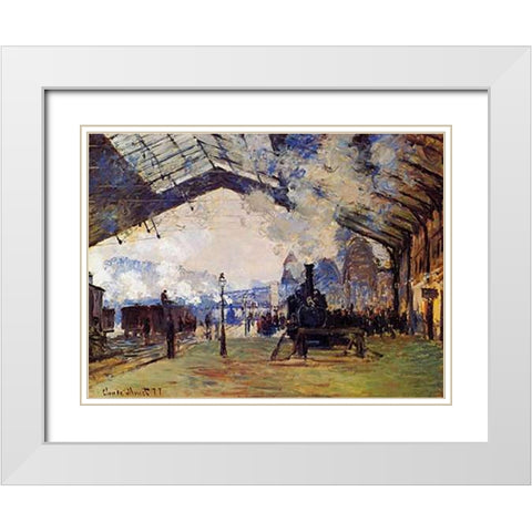 St Lazare Station The Arrival Of The Train From Normandy White Modern Wood Framed Art Print with Double Matting by Monet, Claude