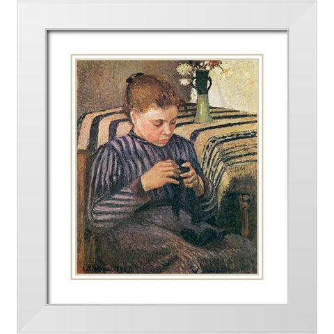Young Woman Mending 1895 White Modern Wood Framed Art Print with Double Matting by Pissarro, Camille