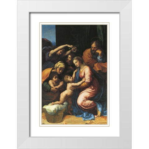 Holy Family With Sts Elizabeth And John And Two Angels White Modern Wood Framed Art Print with Double Matting by Raphael
