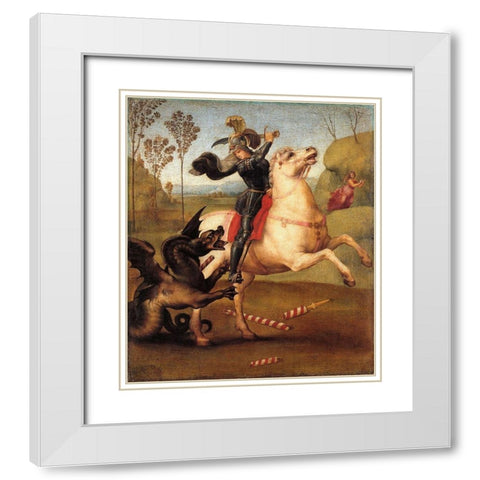 St George And The Dragon White Modern Wood Framed Art Print with Double Matting by Raphael