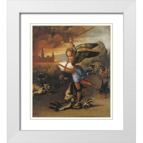 St Michael And The Devil White Modern Wood Framed Art Print with Double Matting by Raphael