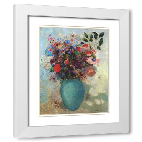 Flowers In A Turquoise Vase White Modern Wood Framed Art Print with Double Matting by Redon, Odilion