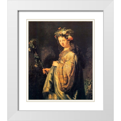 Saskia As Flora Version 2 White Modern Wood Framed Art Print with Double Matting by Van Rijn, Rembrandt
