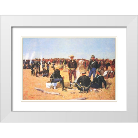 A Cavalrymans Breakfast On The Plains White Modern Wood Framed Art Print with Double Matting by Remington, Frederic
