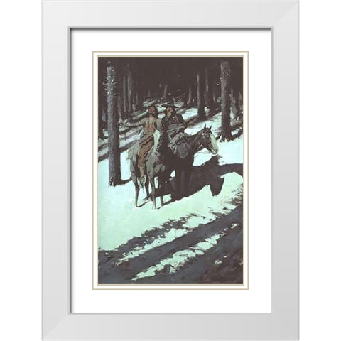 Indian Scouts In The Moonlight White Modern Wood Framed Art Print with Double Matting by Remington, Frederic