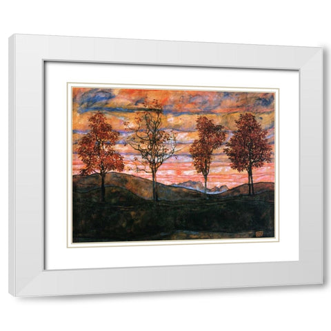 Four Trees 1917 White Modern Wood Framed Art Print with Double Matting by Schiele, Egon
