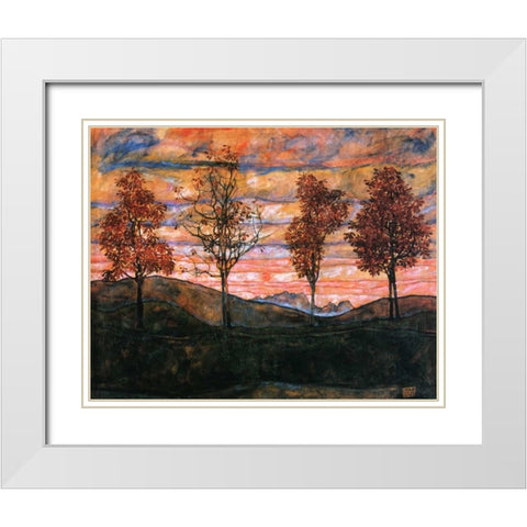 Four Trees 1917 White Modern Wood Framed Art Print with Double Matting by Schiele, Egon