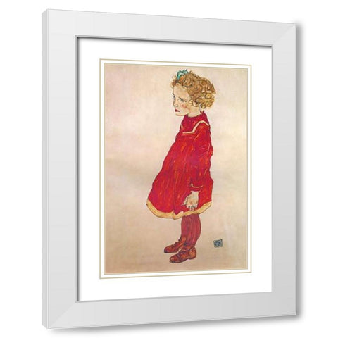 Little Girl With Blond Hair In Red Dress White Modern Wood Framed Art Print with Double Matting by Schiele, Egon