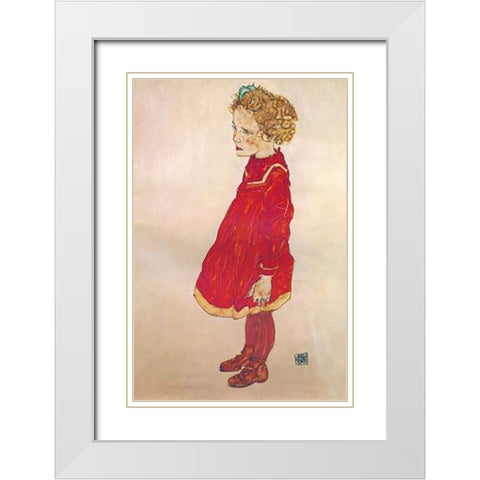 Little Girl With Blond Hair In Red Dress White Modern Wood Framed Art Print with Double Matting by Schiele, Egon