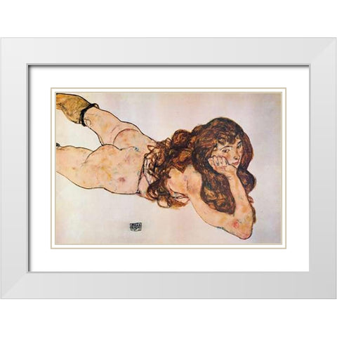 Lying Nude 1917 White Modern Wood Framed Art Print with Double Matting by Schiele, Egon