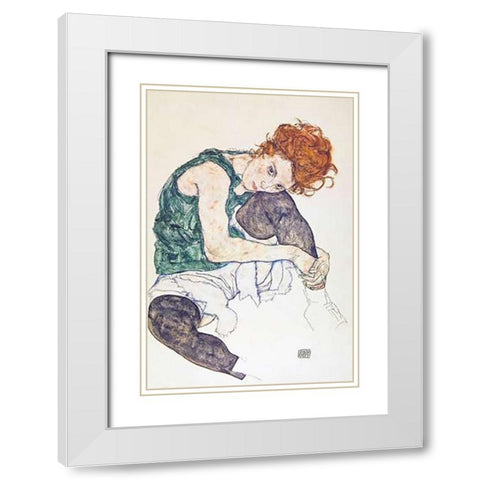 Seated Woman With Bent Knee White Modern Wood Framed Art Print with Double Matting by Schiele, Egon