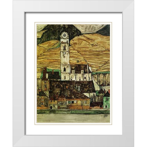Stein On The Danube From The South 1913 White Modern Wood Framed Art Print with Double Matting by Schiele, Egon