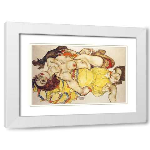 Two Girls Lying Entwined White Modern Wood Framed Art Print with Double Matting by Schiele, Egon