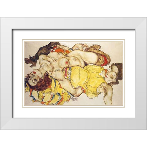 Two Girls Lying Entwined White Modern Wood Framed Art Print with Double Matting by Schiele, Egon