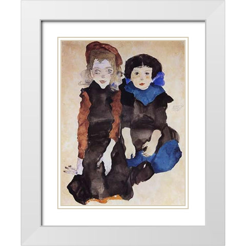 Two Little Girls White Modern Wood Framed Art Print with Double Matting by Schiele, Egon