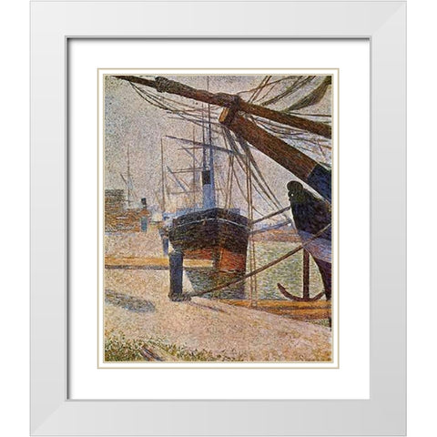 Dockside At Honfleur White Modern Wood Framed Art Print with Double Matting by Seurat, Georges