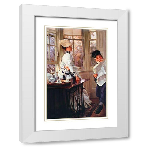 Reading The News White Modern Wood Framed Art Print with Double Matting by Tissot, James