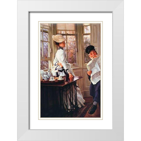 Reading The News White Modern Wood Framed Art Print with Double Matting by Tissot, James