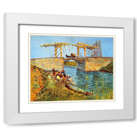 Langlois Bridge Women Washing White Modern Wood Framed Art Print with Double Matting by Van Gogh, Vincent