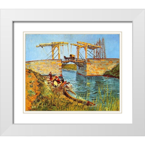Langlois Bridge Women Washing White Modern Wood Framed Art Print with Double Matting by Van Gogh, Vincent