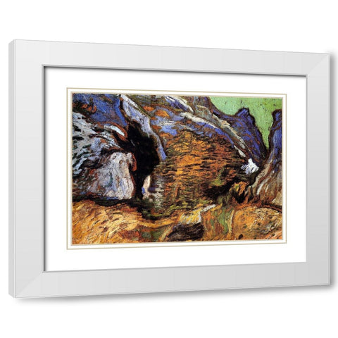 Les Peiroulets Ravine White Modern Wood Framed Art Print with Double Matting by Van Gogh, Vincent