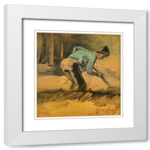 Man Digging White Modern Wood Framed Art Print with Double Matting by Van Gogh, Vincent