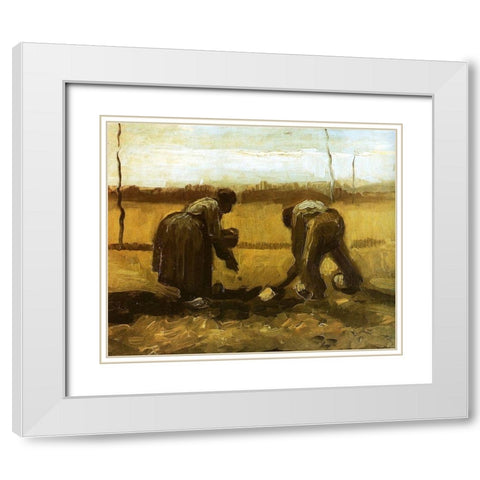Peasants Planting Potatoes White Modern Wood Framed Art Print with Double Matting by Van Gogh, Vincent