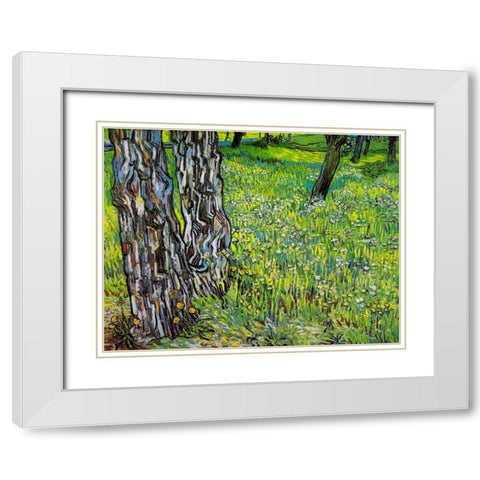 Pine Trees And Dandelions In The Garden Of Saint Paul Hospital 1890 White Modern Wood Framed Art Print with Double Matting by Van Gogh, Vincent
