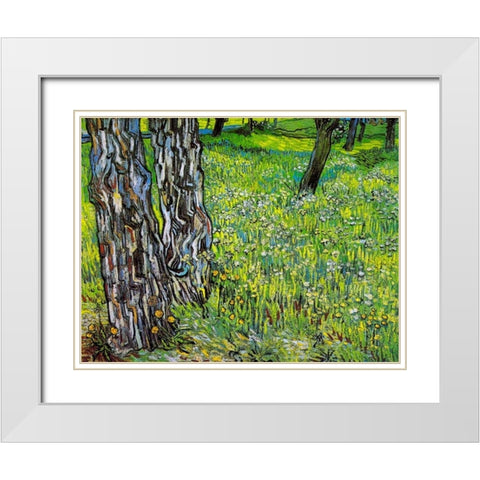 Pine Trees And Dandelions In The Garden Of Saint Paul Hospital 1890 White Modern Wood Framed Art Print with Double Matting by Van Gogh, Vincent