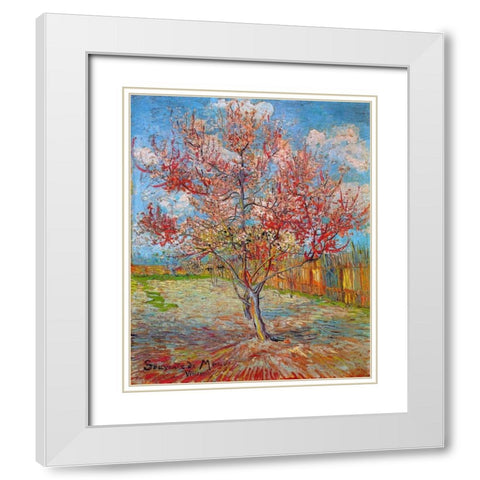 Pink Peach Tree In Blossom White Modern Wood Framed Art Print with Double Matting by Van Gogh, Vincent