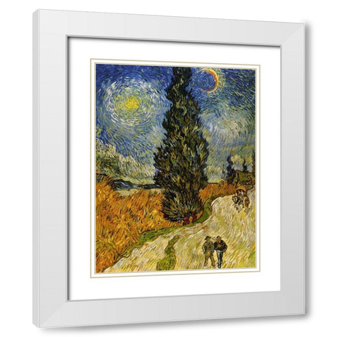 Road Cypress And Star White Modern Wood Framed Art Print with Double Matting by Van Gogh, Vincent