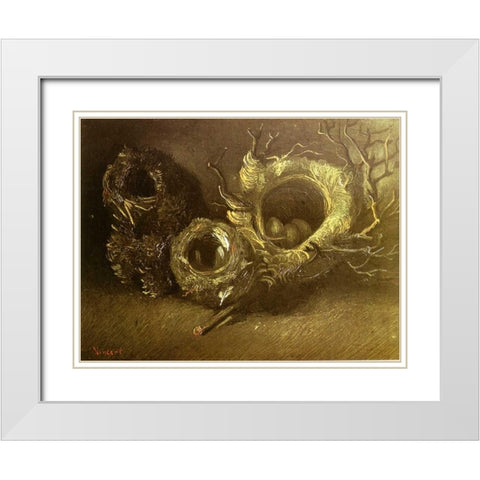 Still Life With Three Birds Nests White Modern Wood Framed Art Print with Double Matting by Van Gogh, Vincent